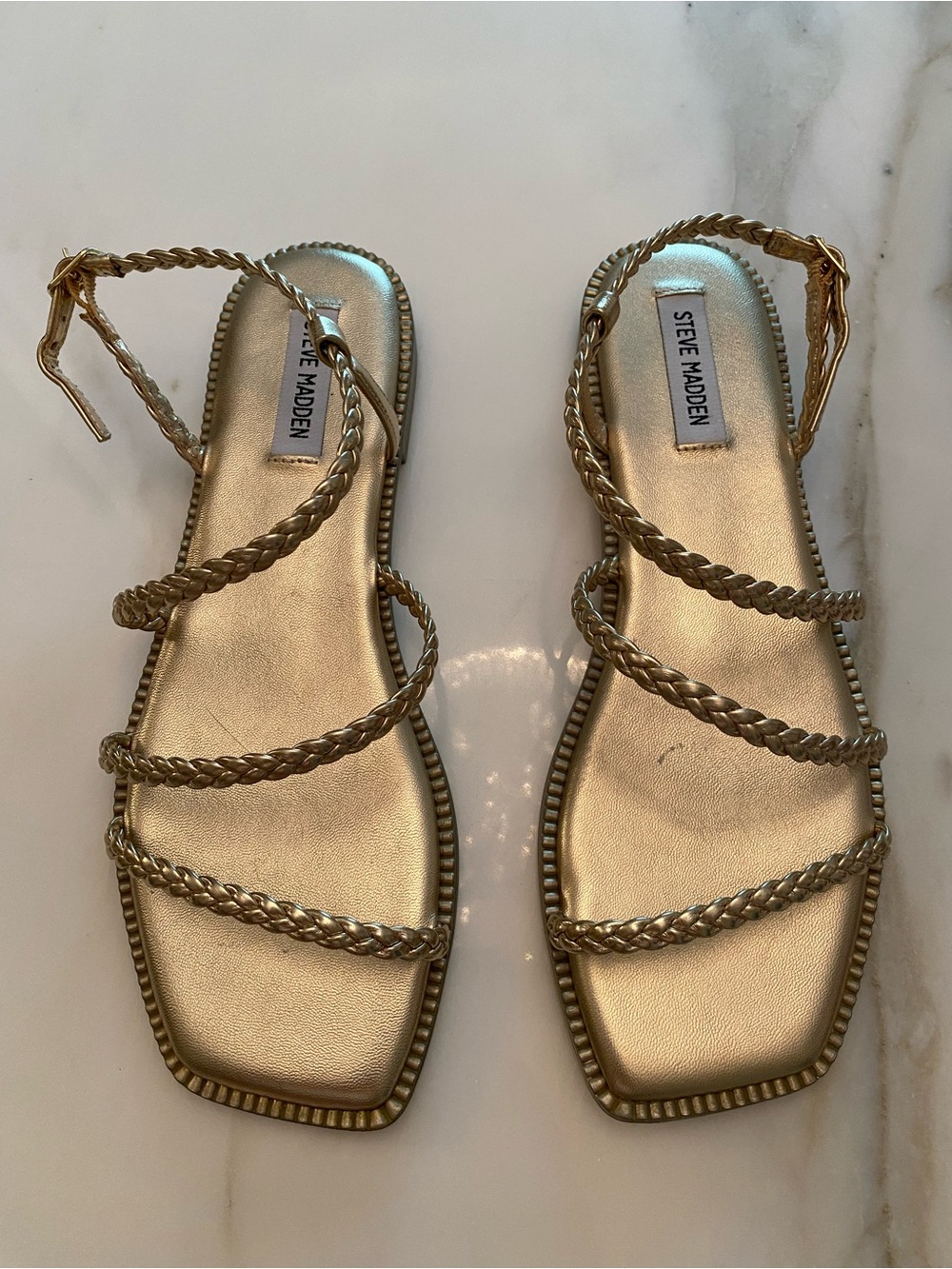 Steve Madden Metallic Gold Braided-Strap Flat Sandals